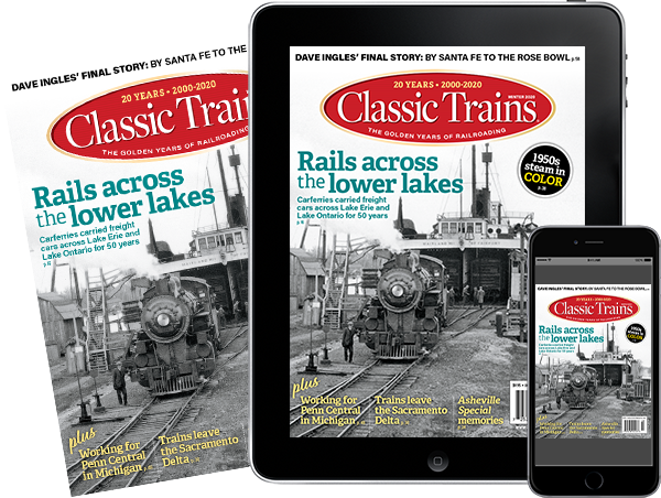 A physical copy of Classic Trains alongside a tablet and mobile phone featuring covers of the issue