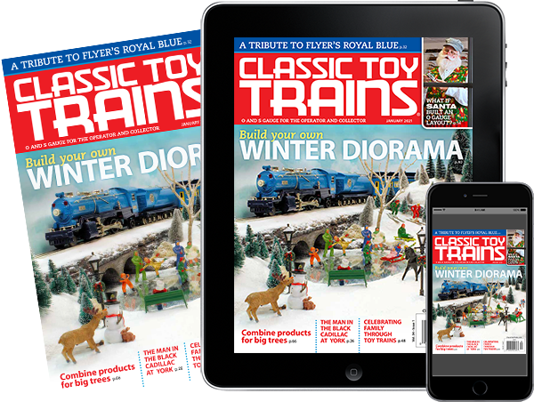 A physical copy of Classic Toy Trains alongside a tablet and mobile phone featuring covers of the issue