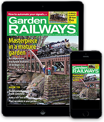 A tablet and smart phone featuring a cover of Garden Railways