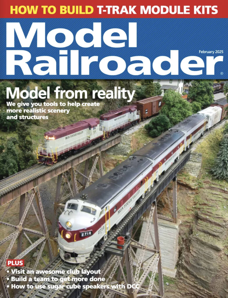 The February 2025 cover of Model Railroader which features two locomotives on elevated trestle bridges