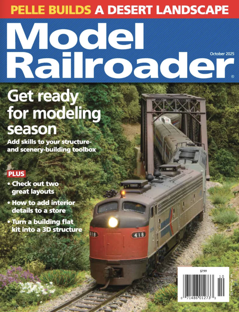 The October 2025 cover of Model Railroader, which features a streamlined passenger train advancing towards the viewer across a bridge
