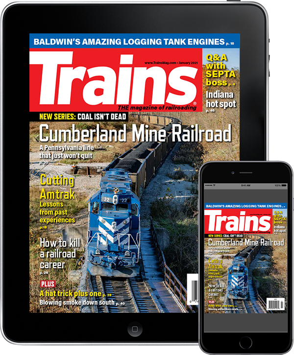 A tablet and mobile phone featuring a cover of Trains