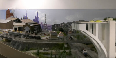 N scale model train layout overview in 4K