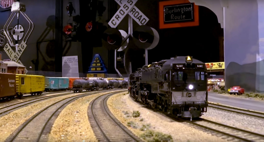 Southern Pacific locomotive on model railroad