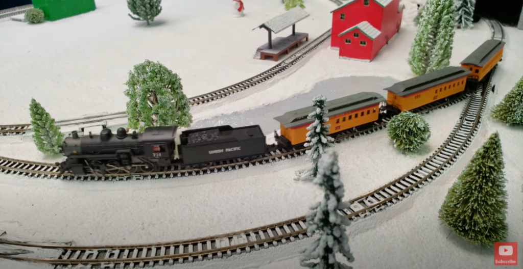 Snowy scene on model train layout