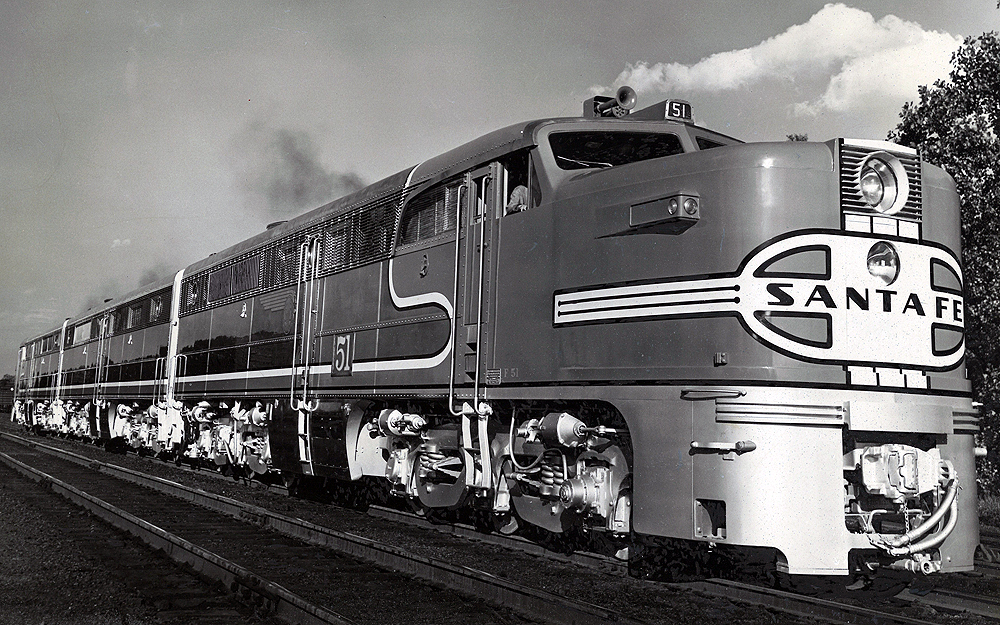 A closeup shot of the front of a santa fe train
