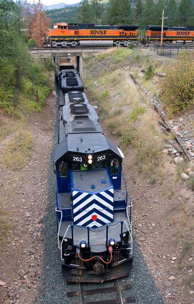 A train passing below another train traveling over a bridge