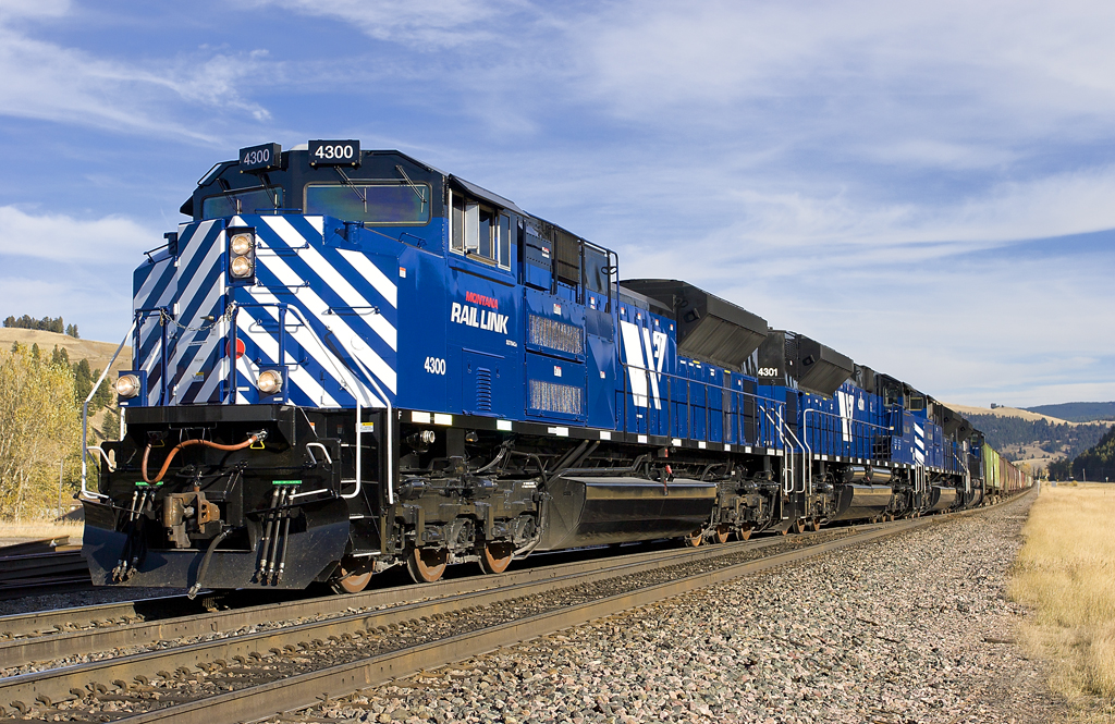 A blue train passing through a rural area