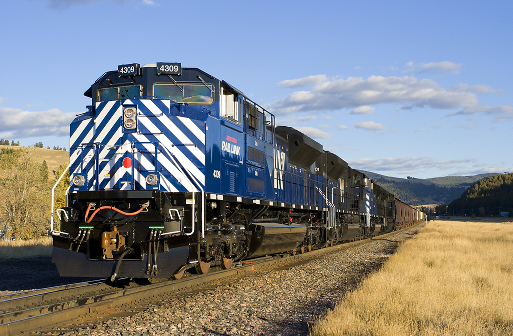 A blue train passing by