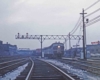 Green diesels on freight train under signal bridge