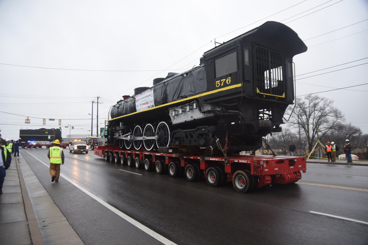 Steam NC&StL locomotives on flatbed truck