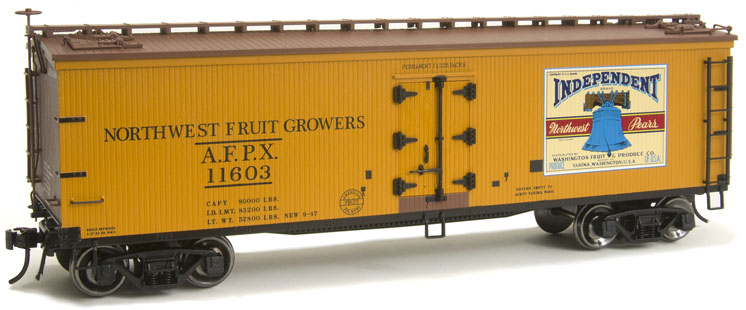 Independent Brand Northwest Pears 40-foot double-sheathed refrigerator car produced by Atlas O, available from Lowell Smith Signature Series