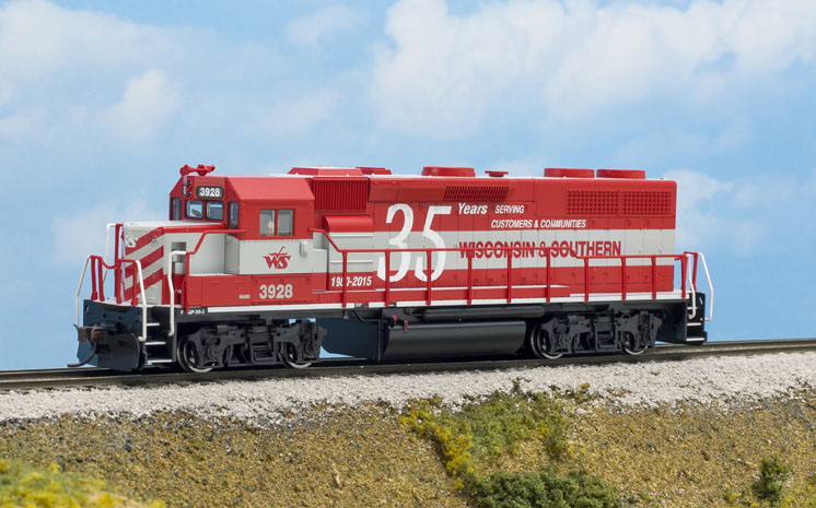 Model of a red and gray diesel locomotive