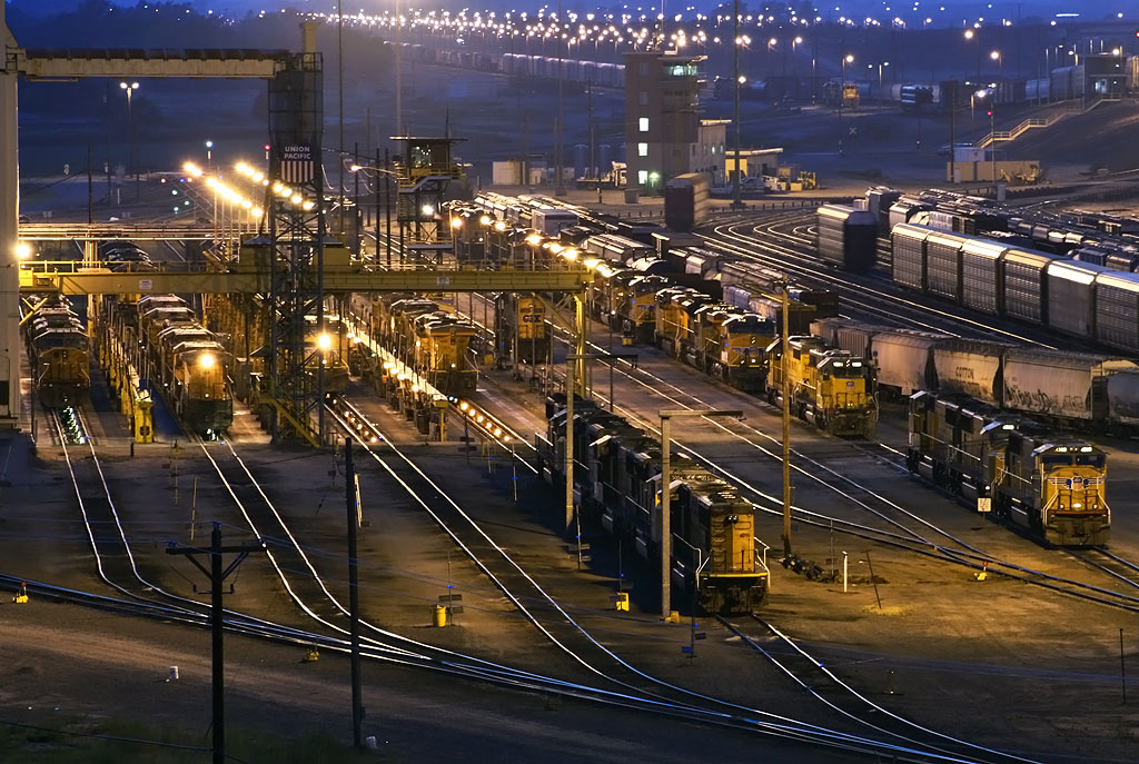 A diesel rail yard at night