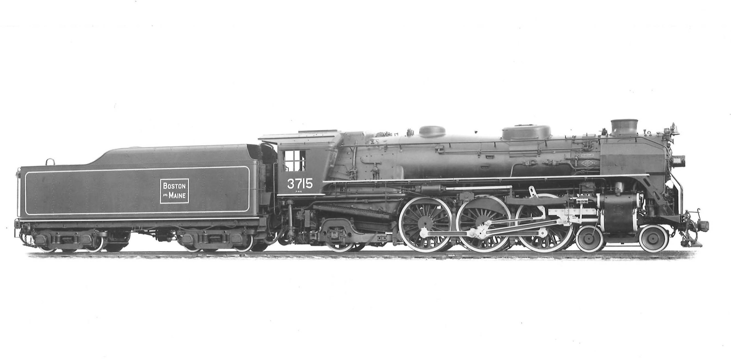 A black and white picture of a Pacific-type locomotive against a white background