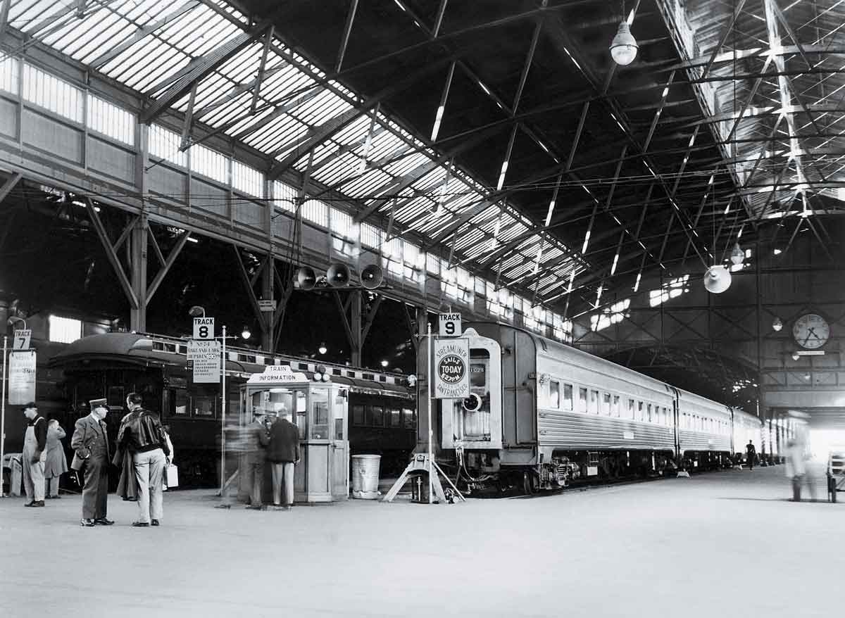 Passenger trains inside trainshed
