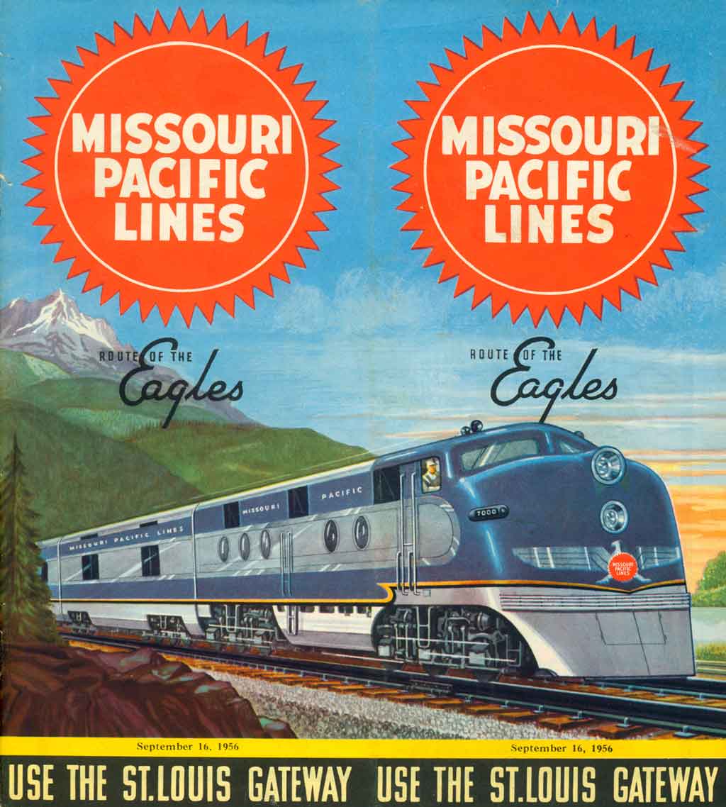 Diesel locomotive and railroad logos on timetable cover