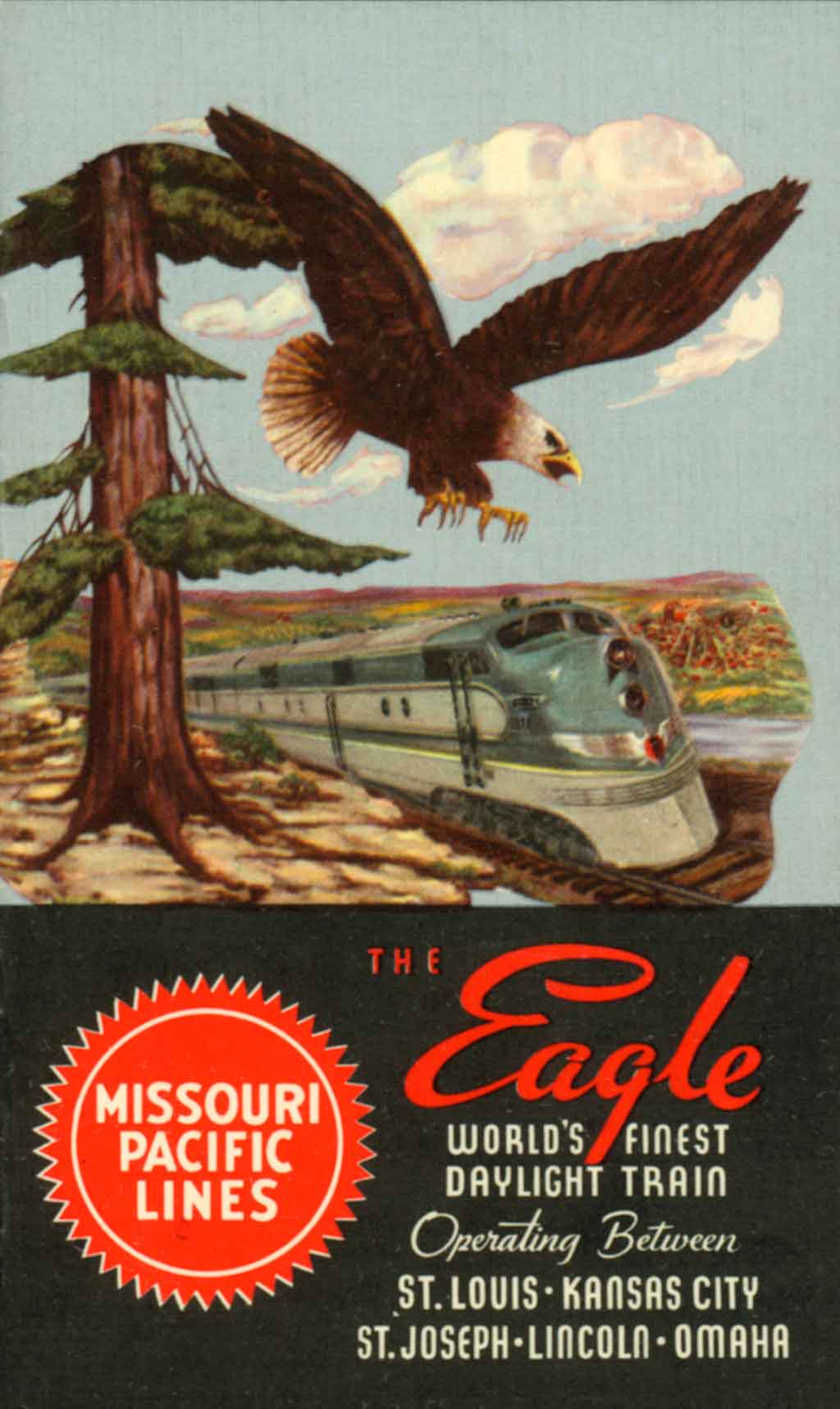 Eagle flying over diesel powered passenger train