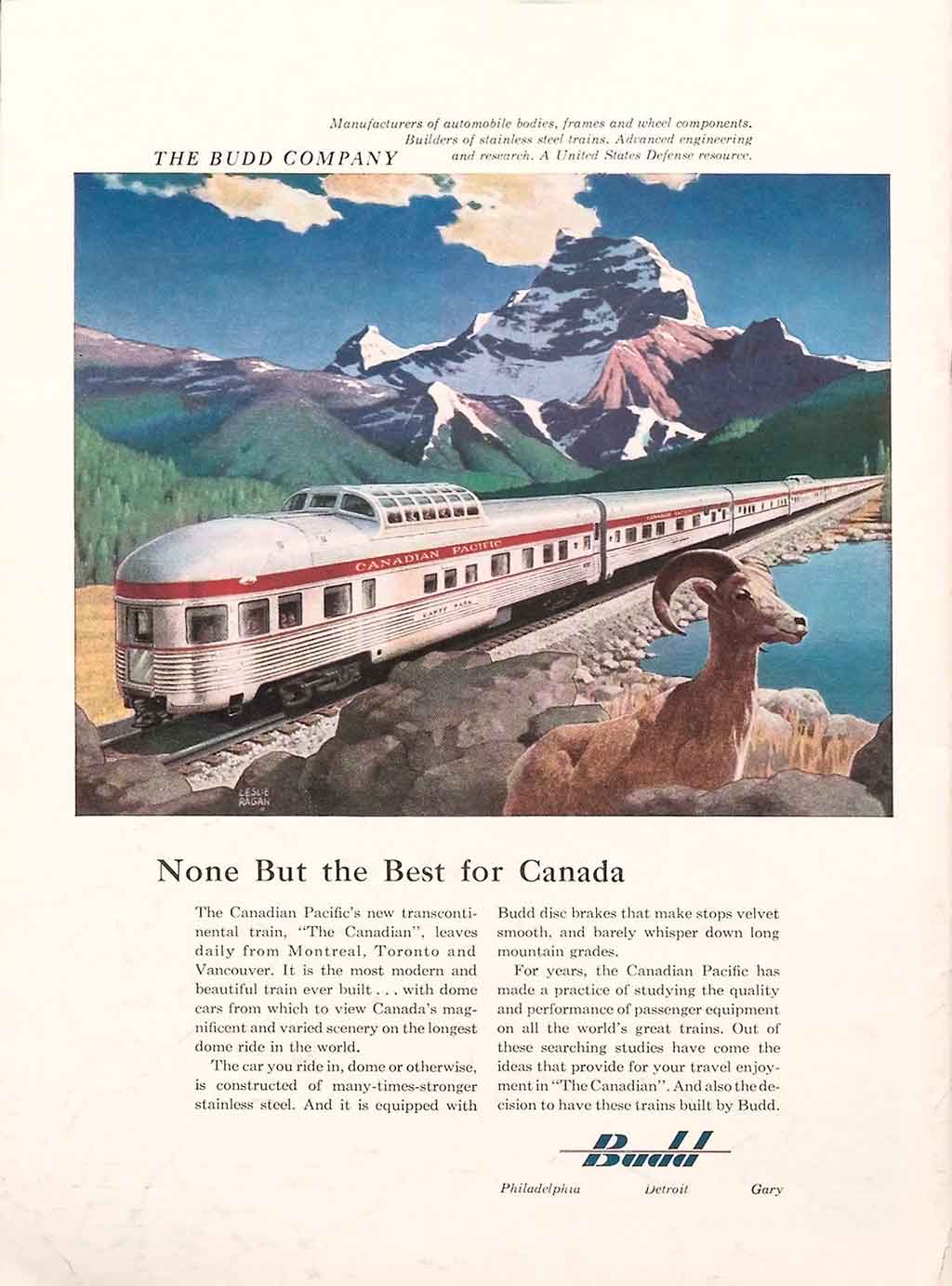 Advertisement featuring rear of streamlined passenger train with wildlife