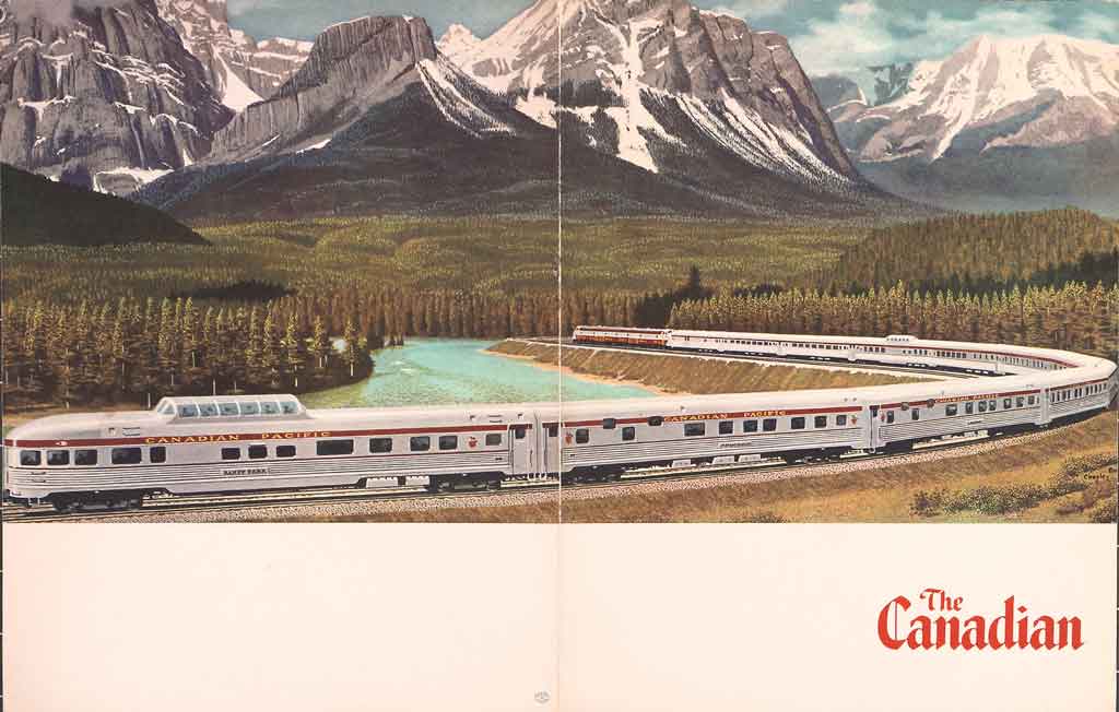Brochure showing streamlined train on curve by mountains