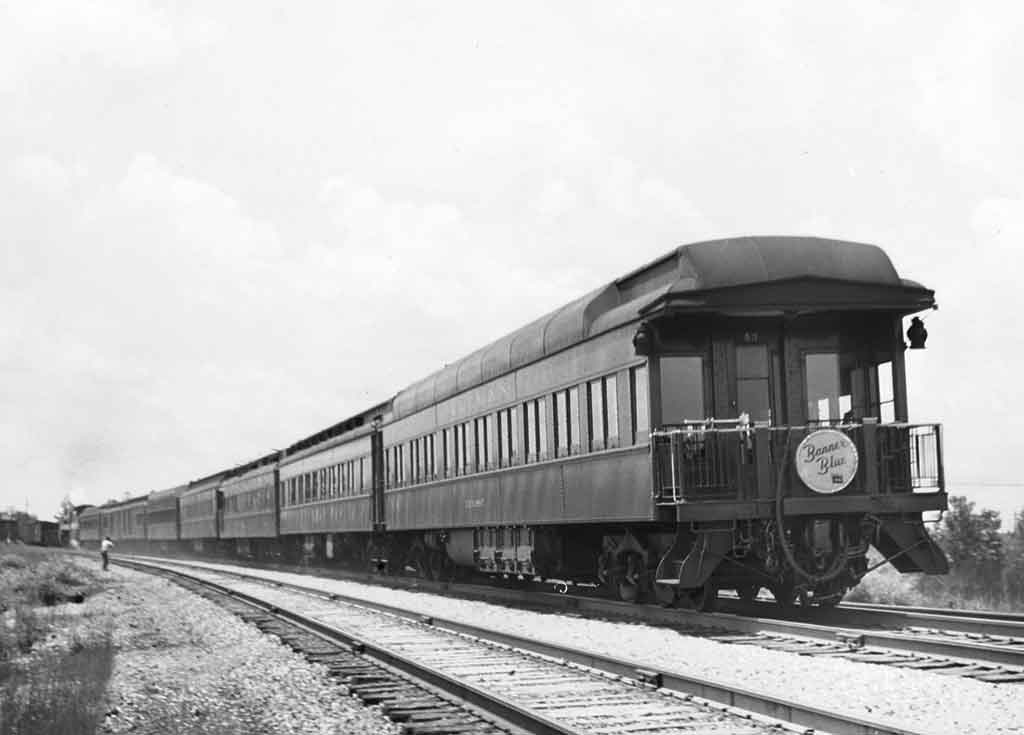 A black and white photo of the back of a locomotive