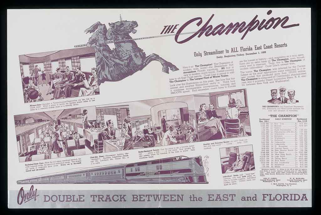 a magazine spread showing illustrations of train passengers in a diner car