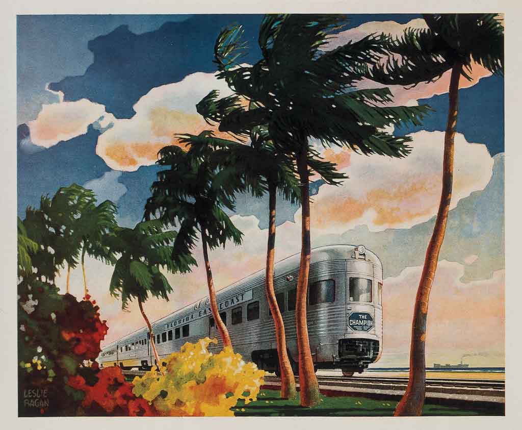 a painting of a passenger train and some palm trees