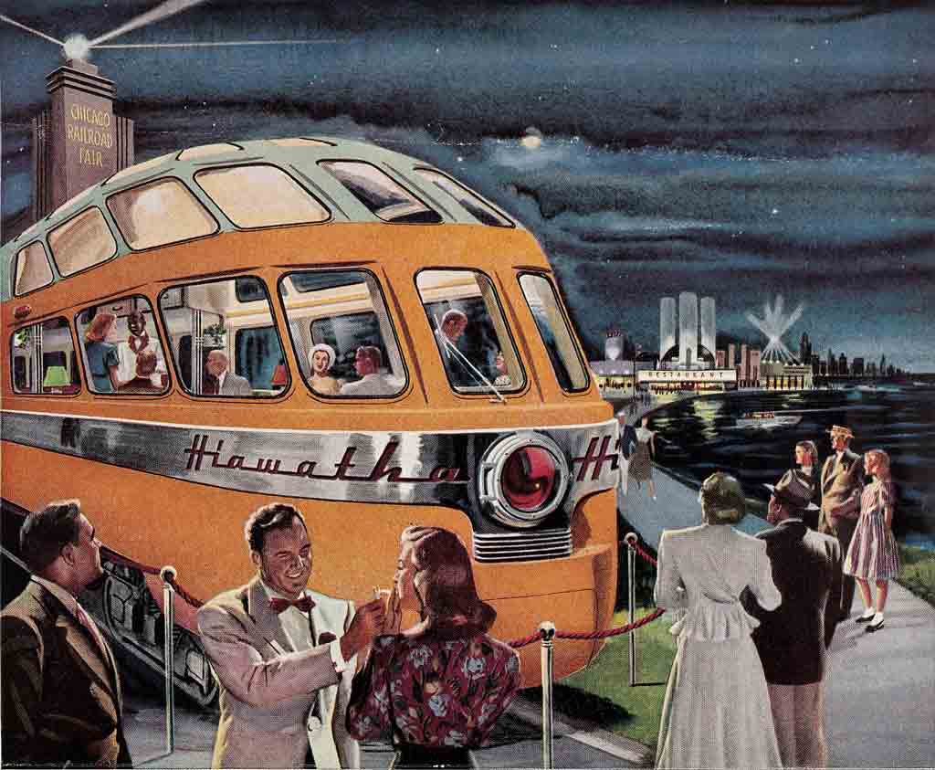 An illustration of people talking outside and inside a parked locomotive