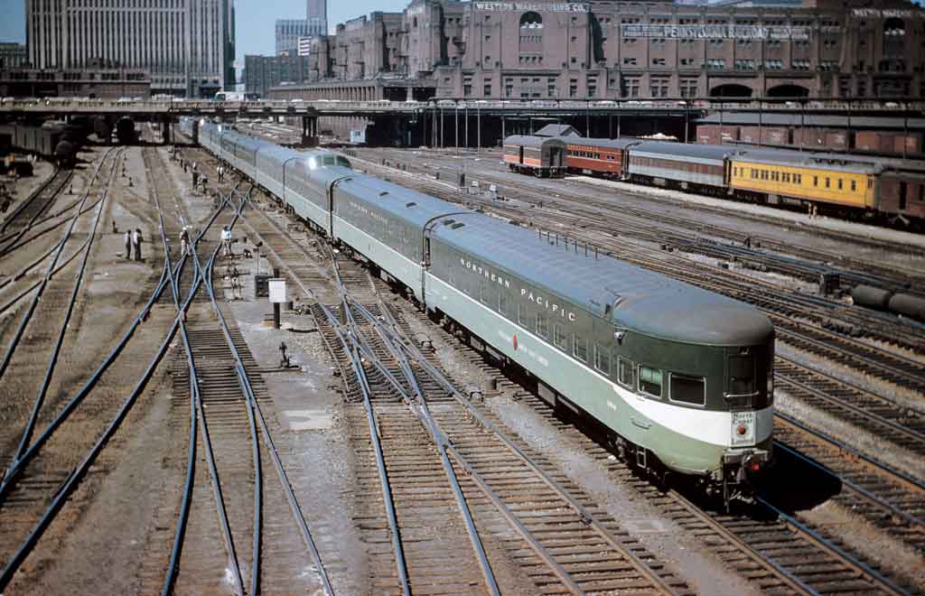 A locomotive arriving at a station