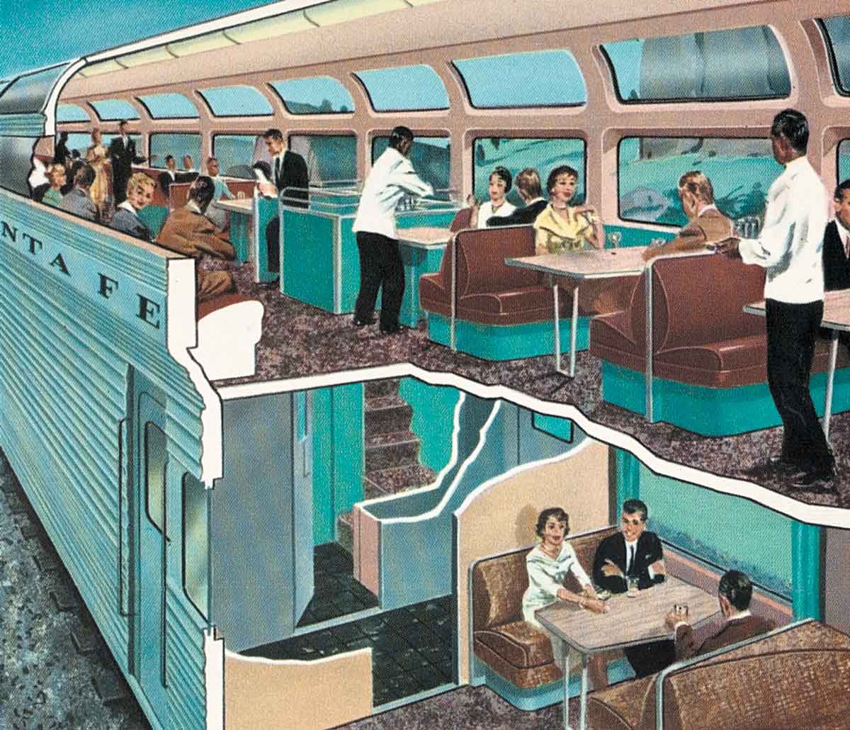 An illustration of the inside of a double decker passenger car