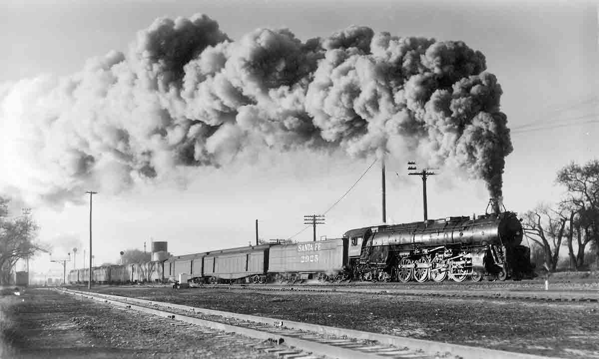 A distant shot of a train passing by
