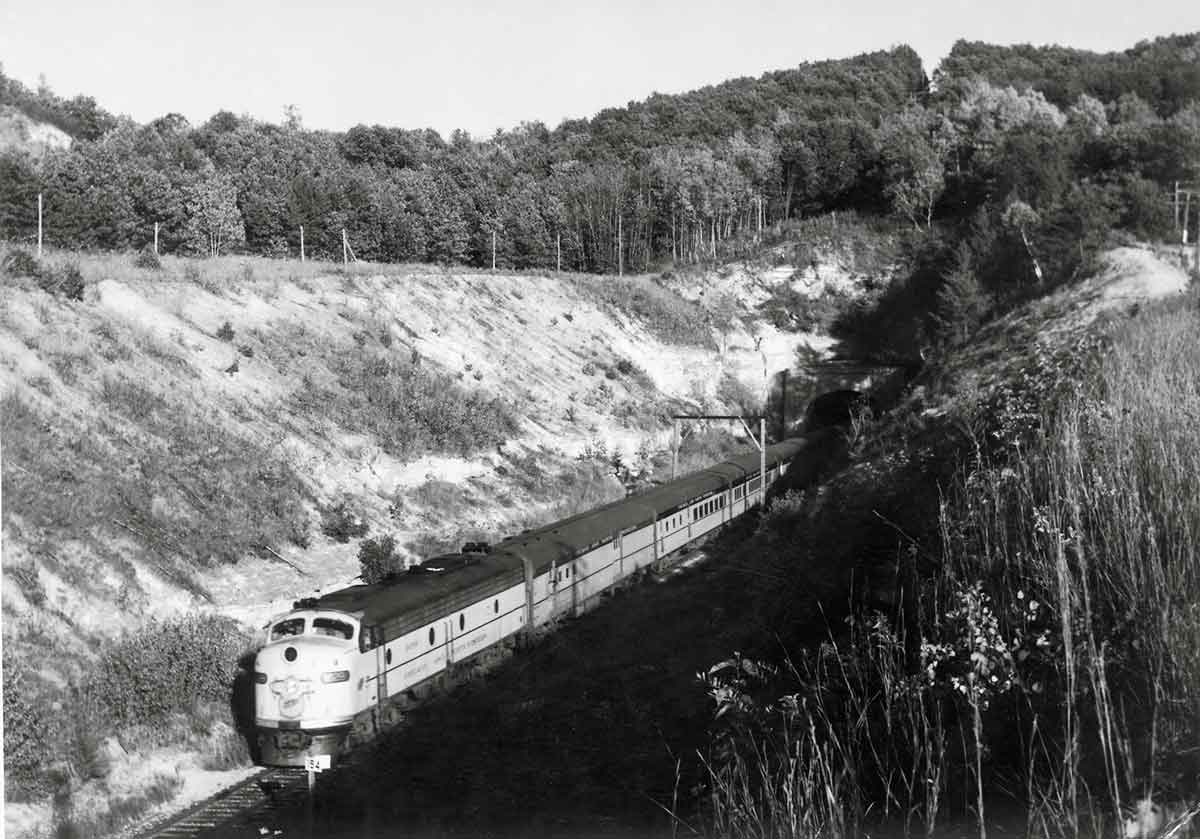 a passenger train in a ravine