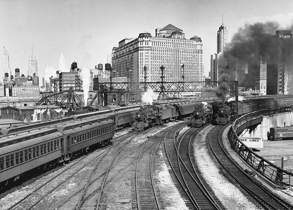 passenger trains at a terminal