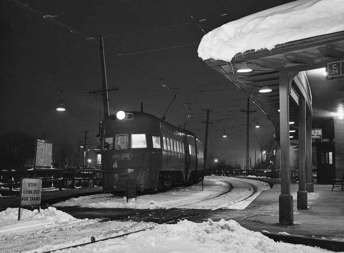 a passenger train in snowy Chicago