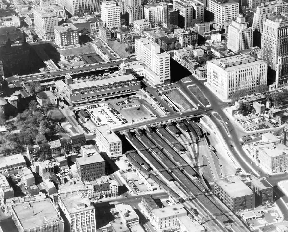 an aerial view of a train station