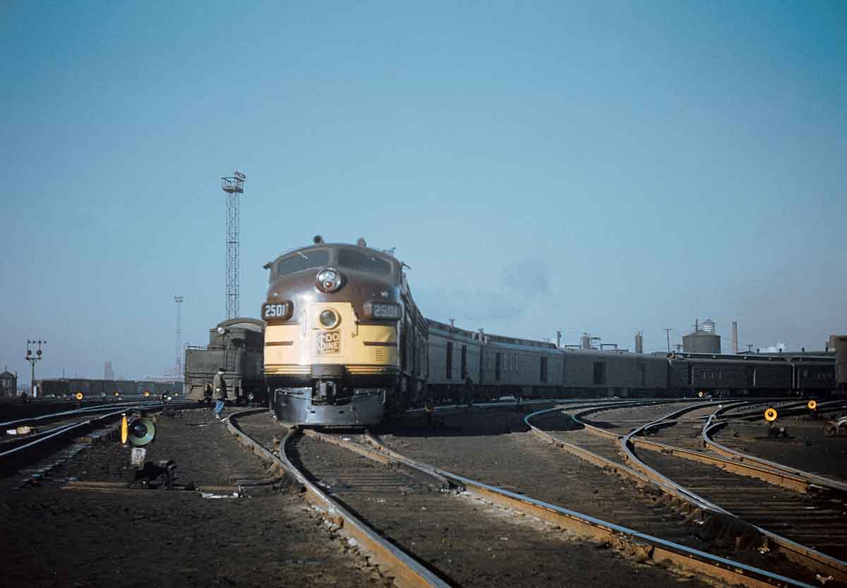 a diesel train in a rail yard
