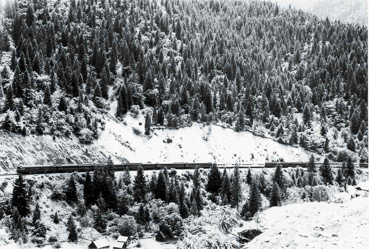 a photo of a passenger train making its way past a snowy forest