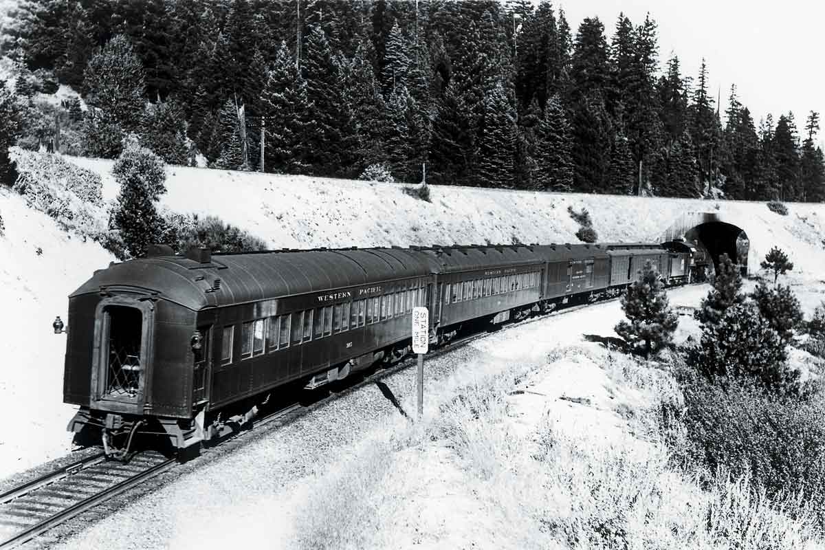 a passenger train entering a tunnel by a snowy forest