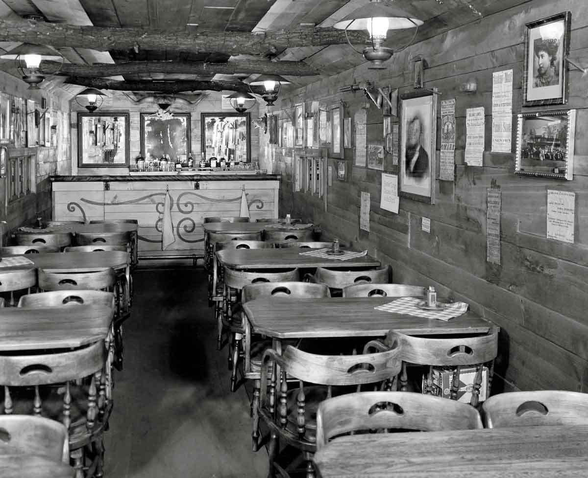 Wood paneled interior of dining car