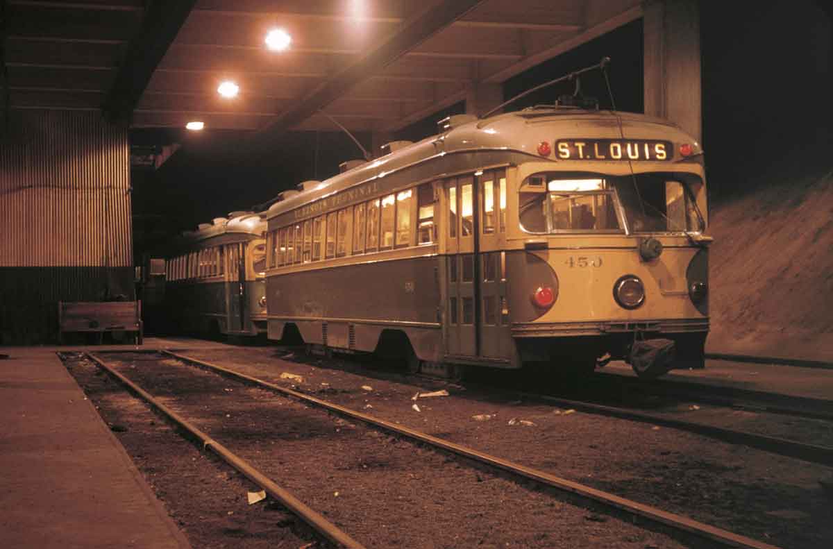 Illinois Terminal PCC cars at St. Louis terminal in the dark.