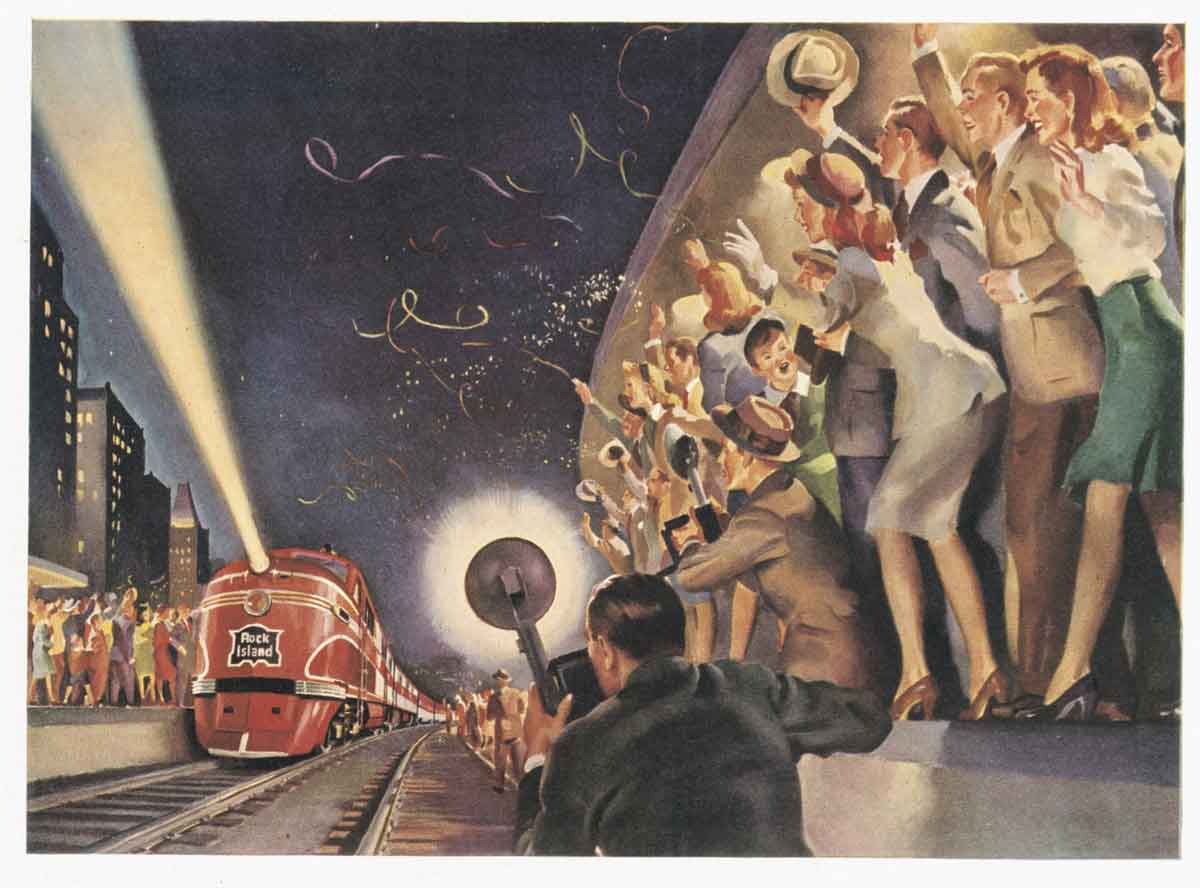 An illustration of people cheering as a train pulls into a station