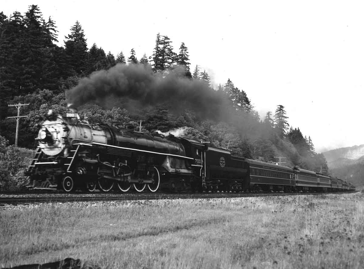 a steam engine in front of a patch of woods
