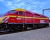 Red-and-yellow streamlined diesel locomotive