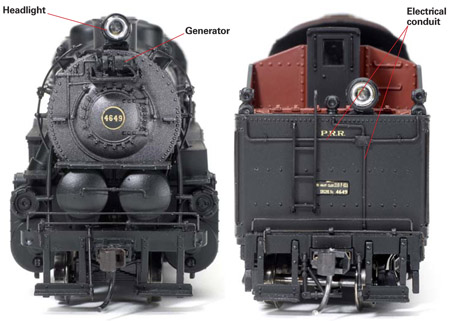 Our sample includes the modernized headlight and generator arrangement. The updated tender has the electrical conduit details for the marker lights.