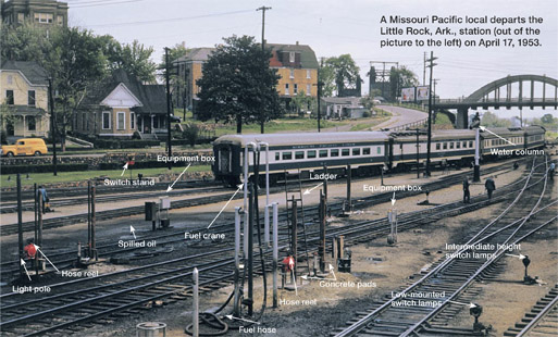 An image of a passenger train departing from a station with labels identifying various elements of a rail switching yard