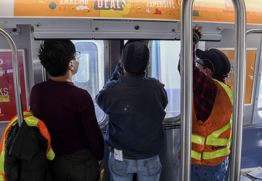 R179 subway cars at the East New York Yard on Thursday, Jan. 9, 2020, where technicians from Bombardier make adjustments to door solenoids.