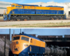 A blue and yellow train in 2012 vs 1952