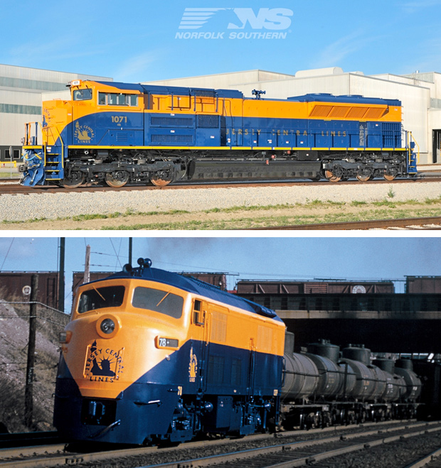 A blue and yellow train in 2012 vs 1952