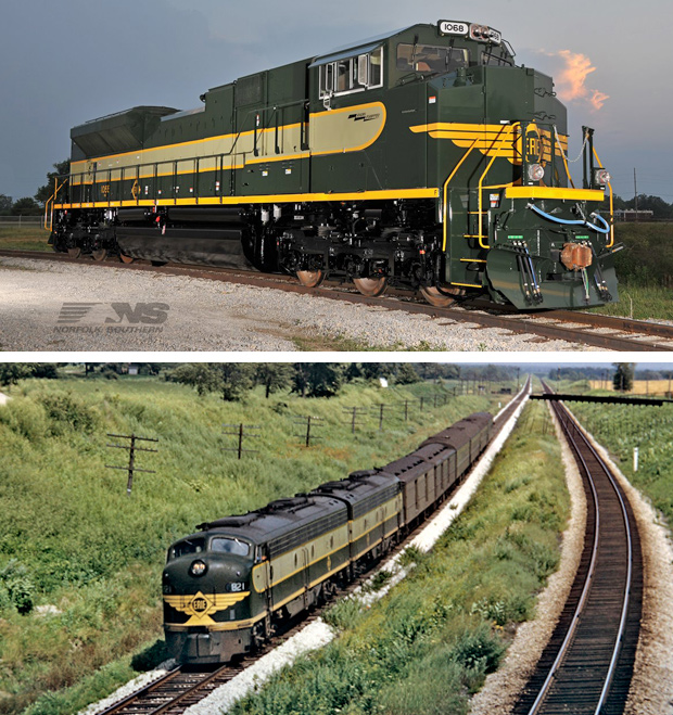 A green and yellow train in 2012 vs 1951
