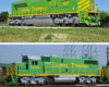 A green and yellow train in 2012 vs 1977
